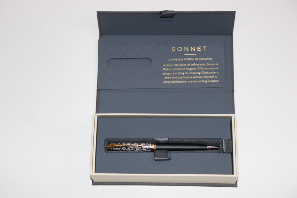 Parker Sonnet Reflection Matte Black With Classy Engraved Goldtrims Cap Ballpoint Pen
