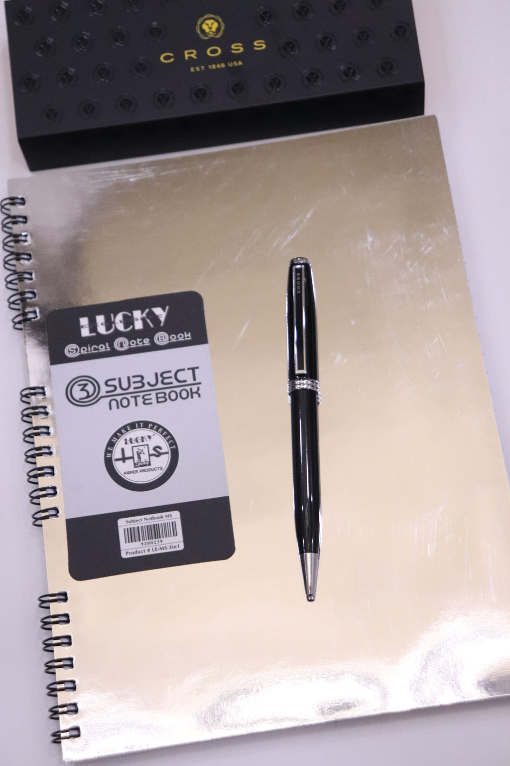 Cross Ashford Black Chrome Trim Ballpoint Pen With 5 Extra Refills & Imported Lucky Chrome Spiral NoteBook