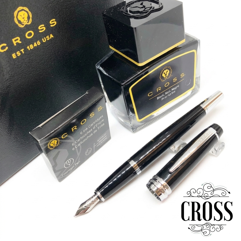 Cross Bailey Black Lacquer Fountain Pen Gift Set Includes (Ink/Cartridges/Converter)