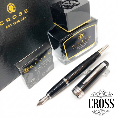 Cross Bailey Black Lacquer Fountain Pen Gift Set Includes (Ink/Cartridges/Converter)