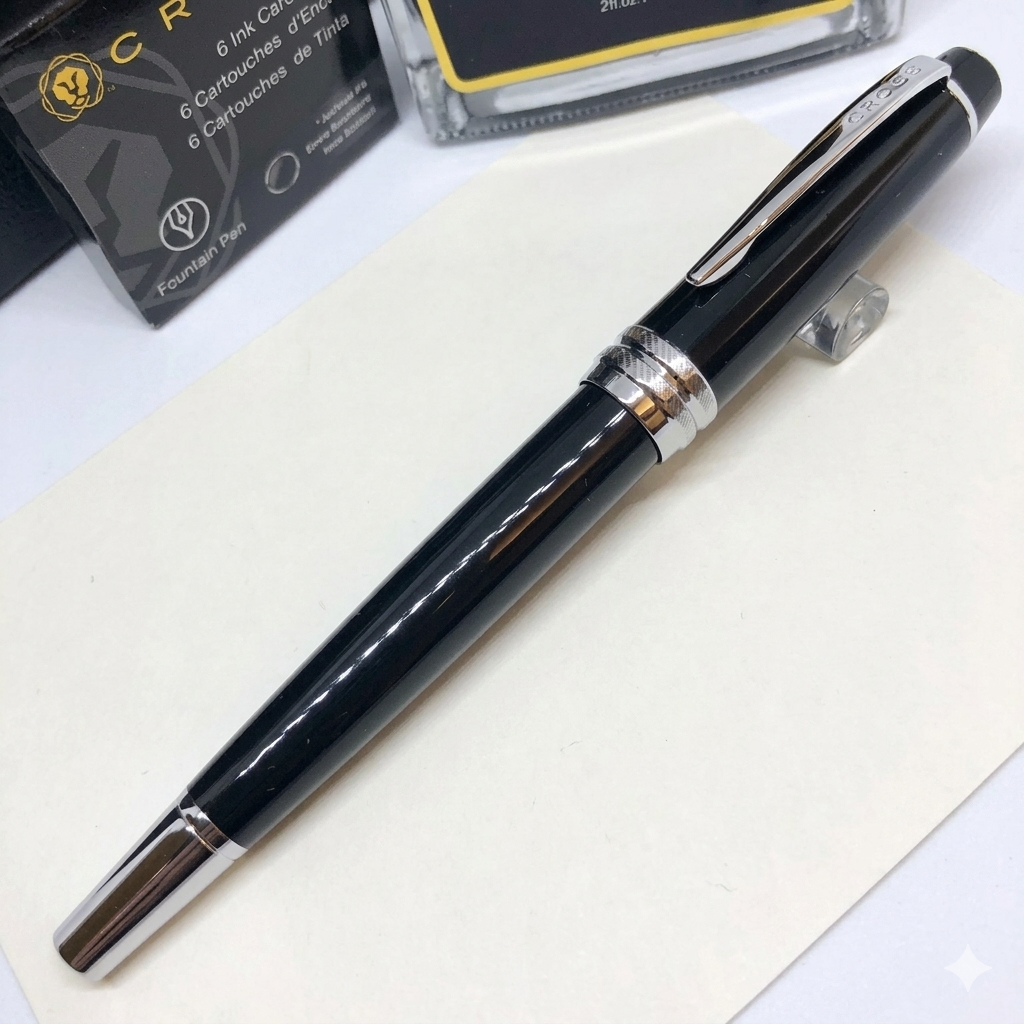 Cross Bailey Black Lacquer Fountain Pen Gift Set Includes (Ink/Cartridges/Converter)