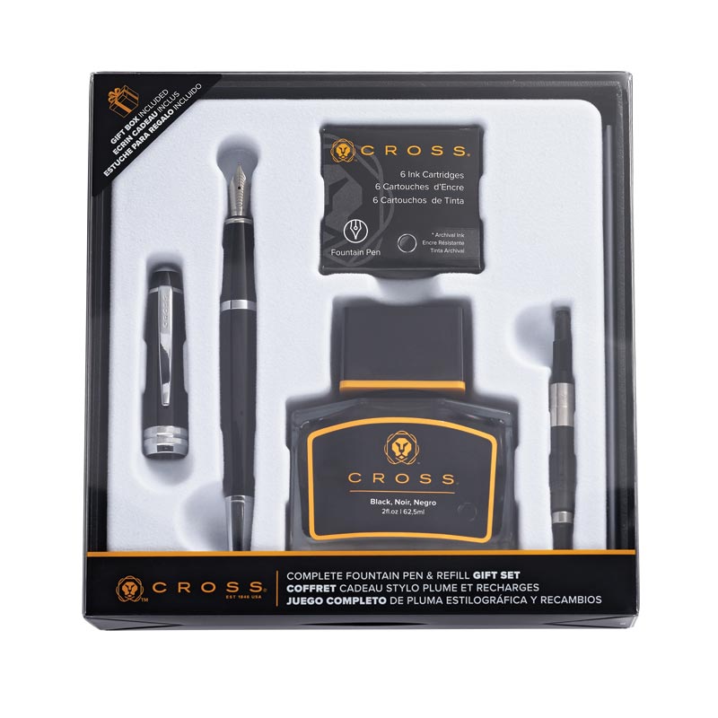 Cross Bailey Black Lacquer Fountain Pen Gift Set Includes (Ink/Cartridges/Converter)