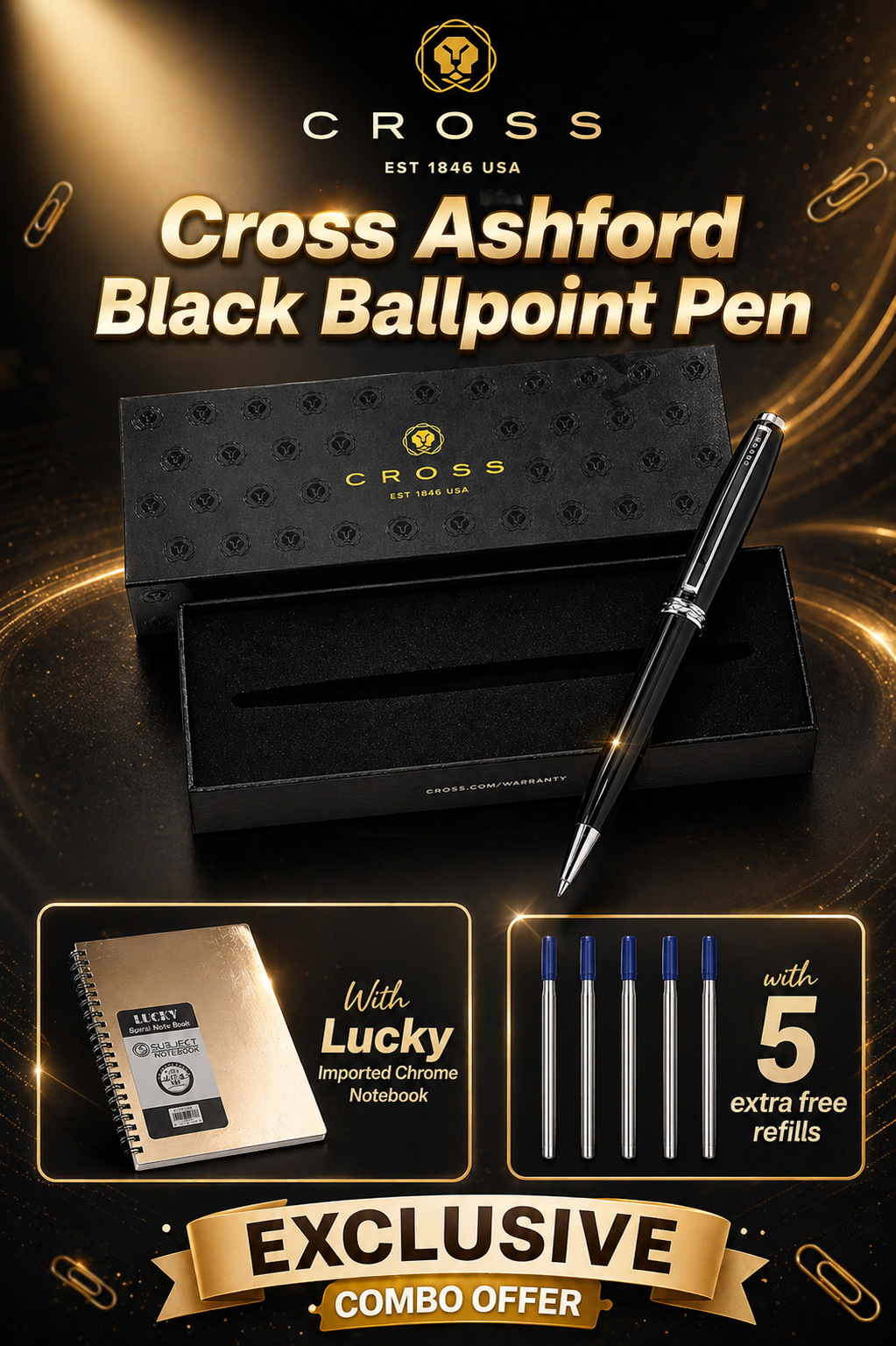 Cross Ashford Black Chrome Trim Ballpoint Pen With 5 Extra Refills & Imported Lucky Chrome Spiral NoteBook