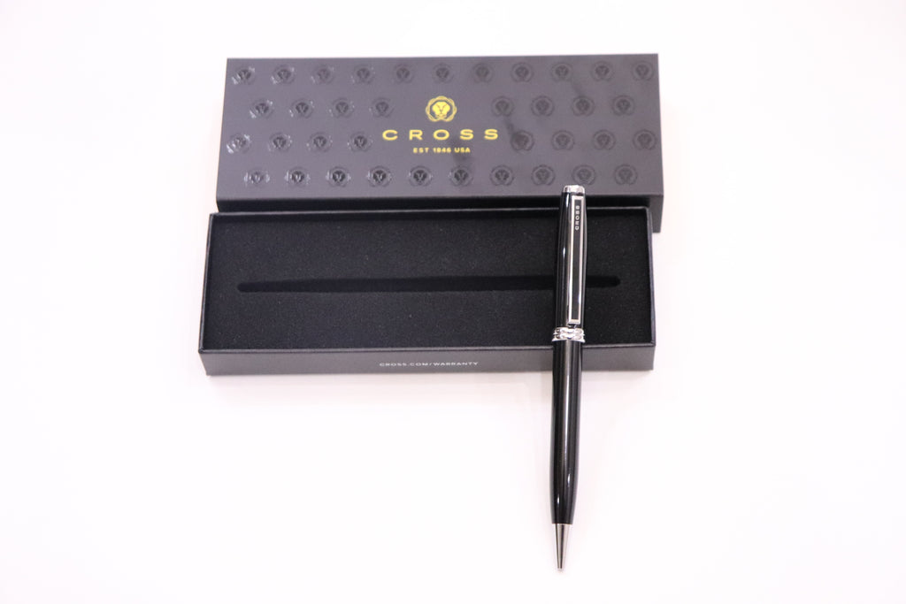 Cross Ashford Black Chrome Trim Ballpoint Pen With 5 Extra Refills & Imported Lucky Chrome Spiral NoteBook