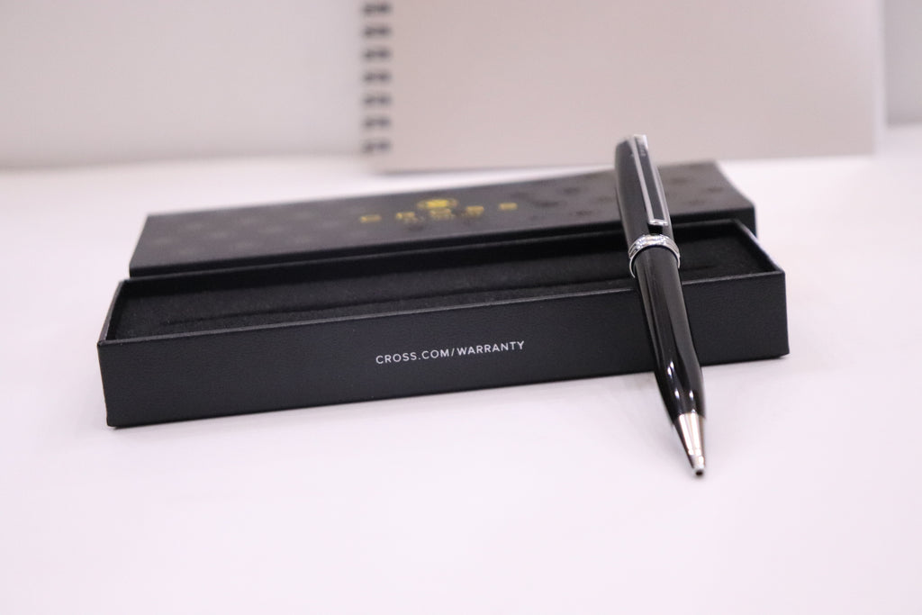 Cross Ashford Black Chrome Trim Ballpoint Pen With 5 Extra Refills & Imported Lucky Chrome Spiral NoteBook