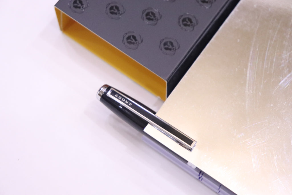 Cross Ashford Black Chrome Trim Ballpoint Pen With 5 Extra Refills & Imported Lucky Chrome Spiral NoteBook