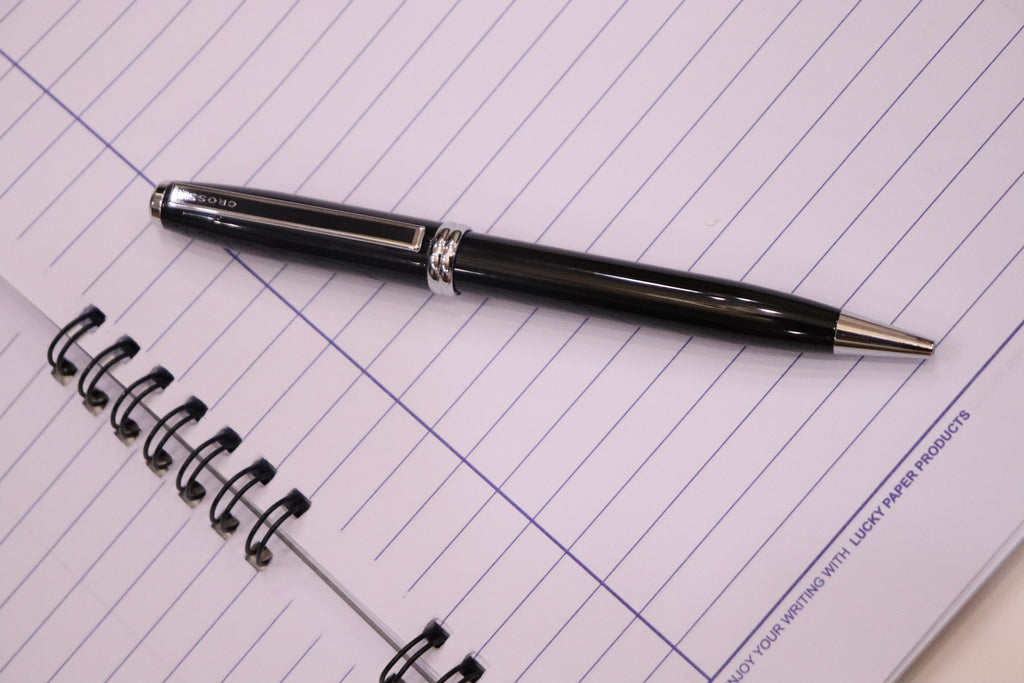 Cross Ashford Black Chrome Trim Ballpoint Pen With 5 Extra Refills & Imported Lucky Chrome Spiral NoteBook