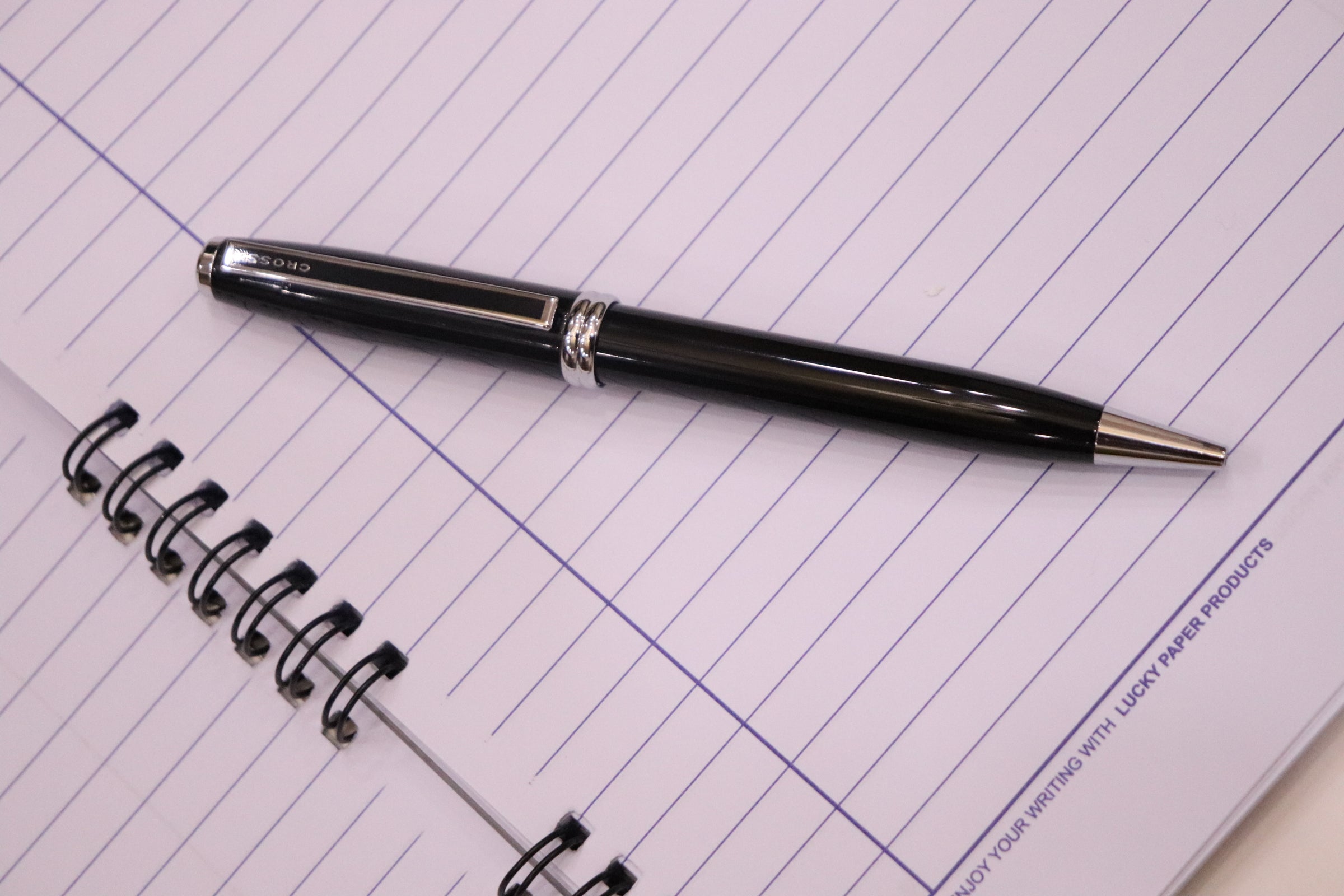 Cross Ashford Black Chrome Trim Ballpoint Pen With 5 Extra Refills & Imported Lucky Chrome Spiral NoteBook