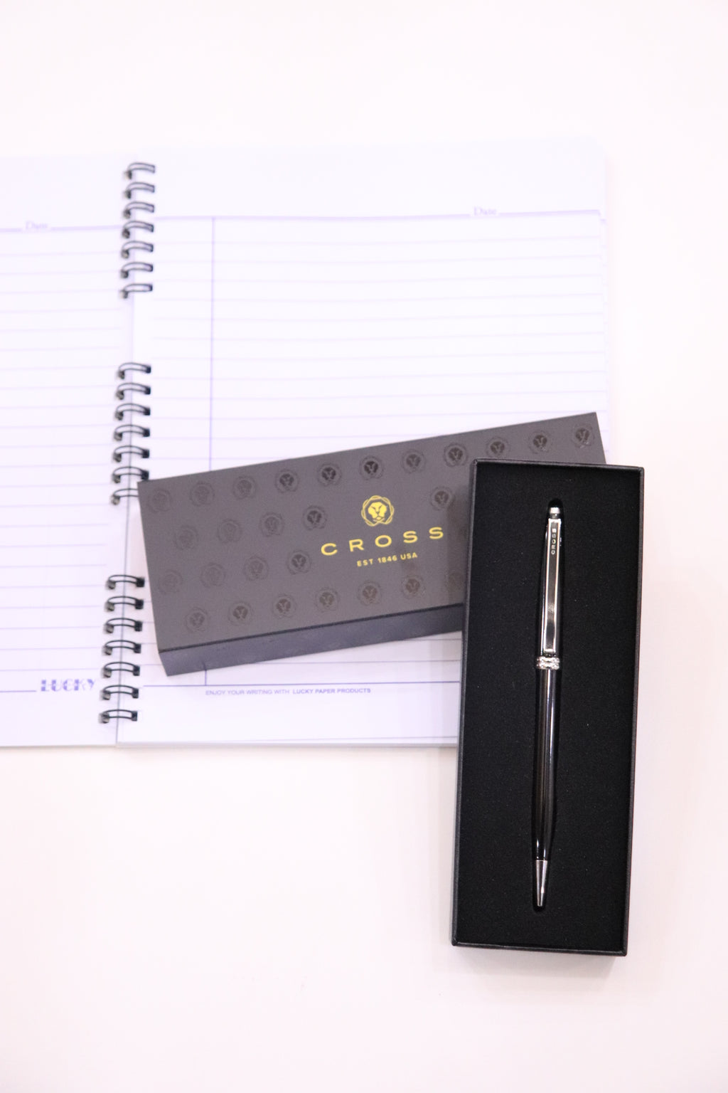 Cross Ashford Black Chrome Trim Ballpoint Pen With 5 Extra Refills & Imported Lucky Chrome Spiral NoteBook
