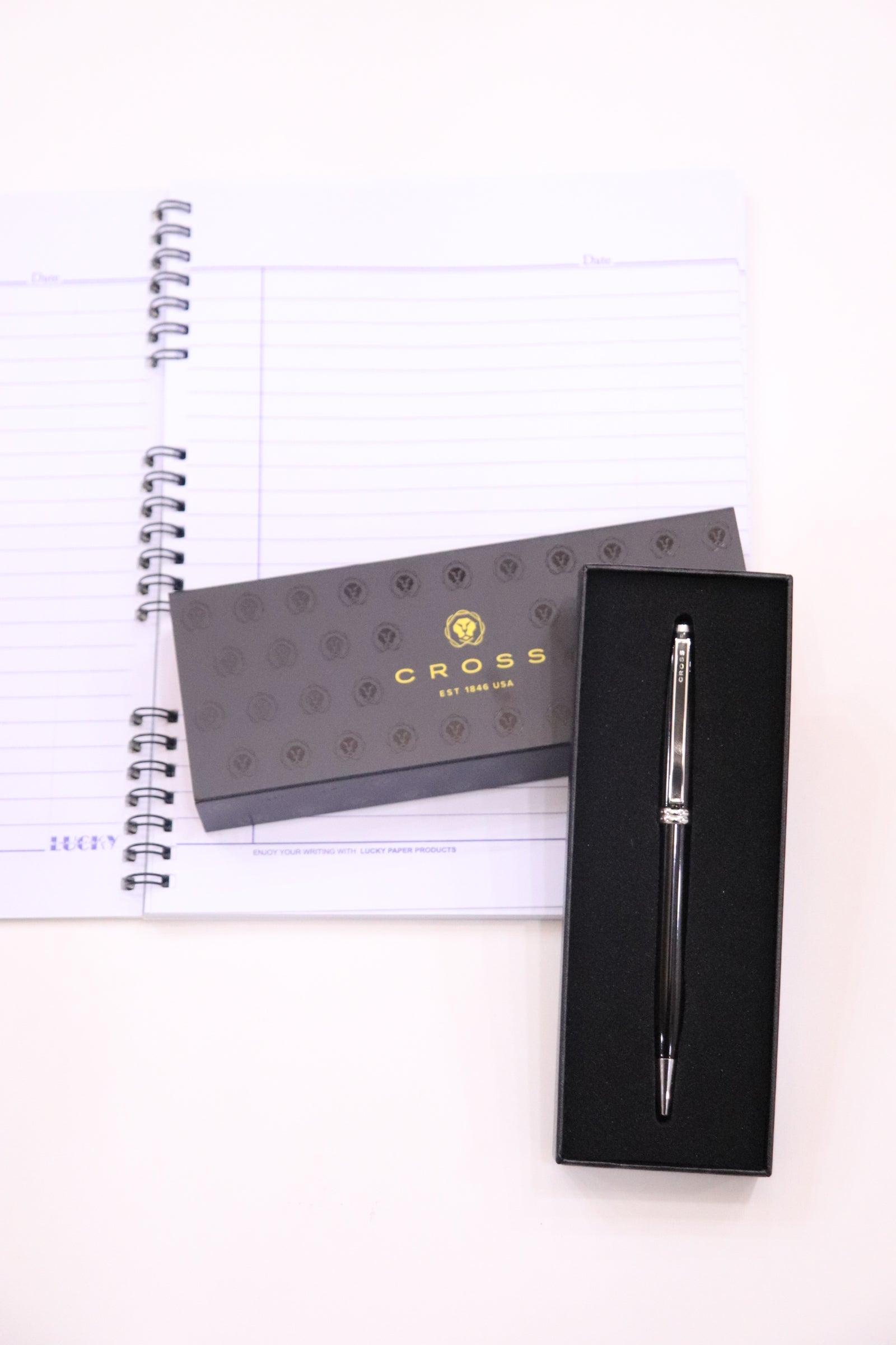 Cross Ashford Black Chrome Trim Ballpoint Pen With 5 Extra Refills & Imported Lucky Chrome Spiral NoteBook