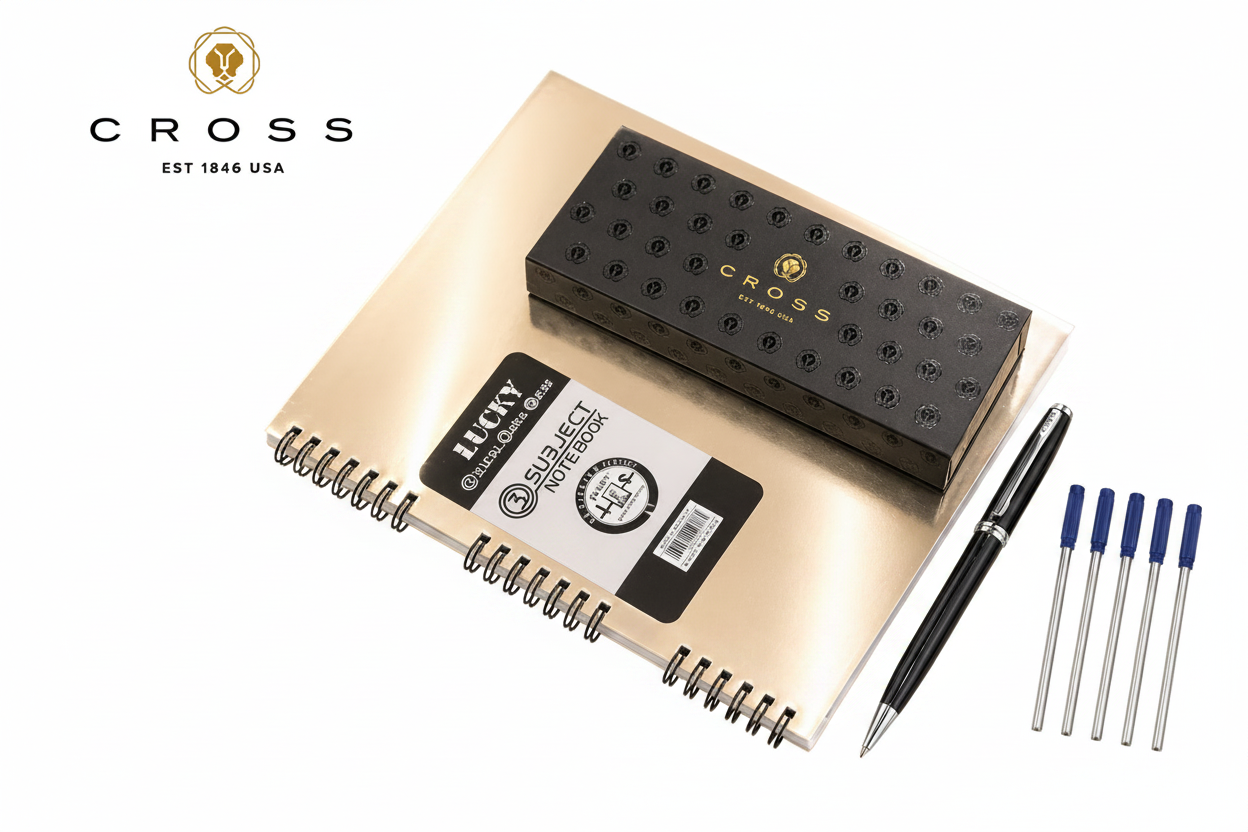 Cross Ashford Black Chrome Trim Ballpoint Pen With 5 Extra Refills & Imported Lucky Chrome Spiral NoteBook