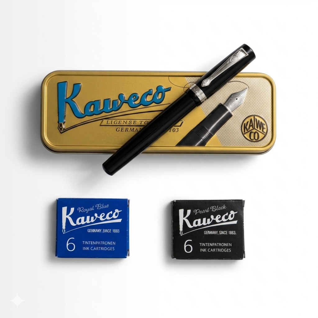 Kaweco Glossy Black Fountain Pen – Classy Gift Tin Box with 2 Pack Cartridges