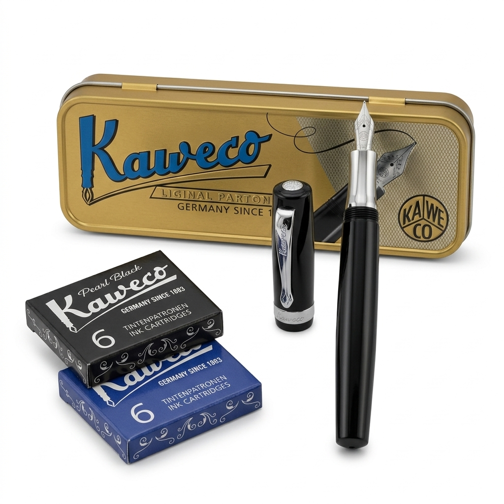 Kaweco Glossy Black Fountain Pen – Classy Gift Tin Box with 2 Pack Cartridges
