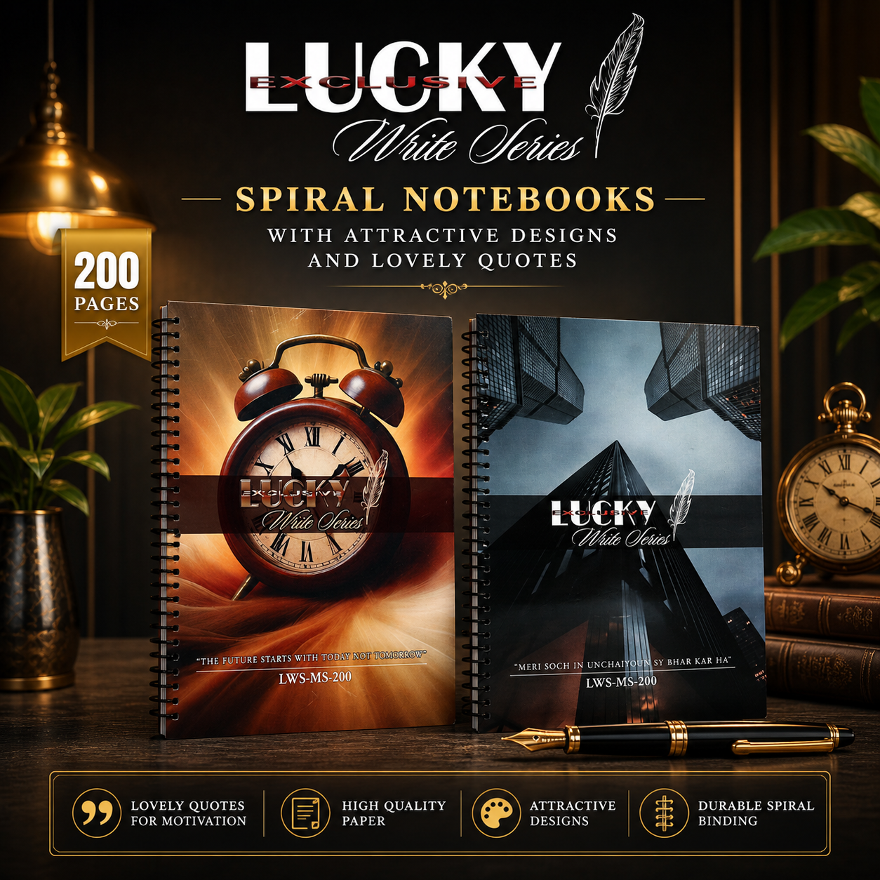 Lucky Write Series Spiral Notebooks Collection 100 – 300 Pages With Lovely Quotes & Designs