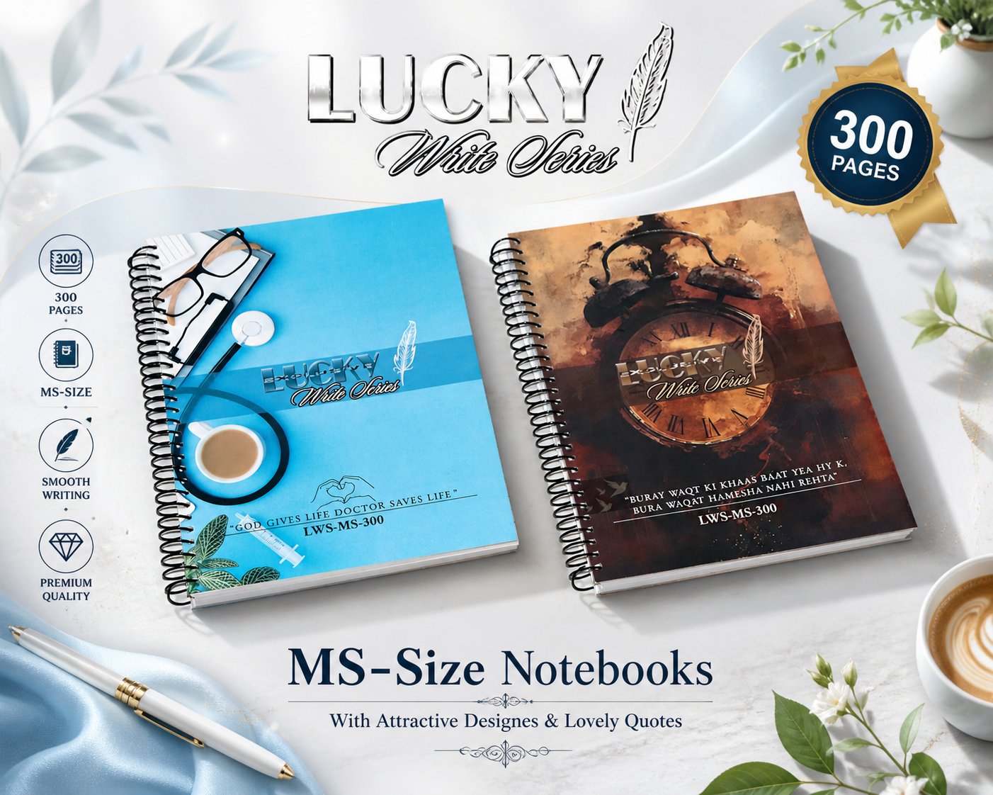 Lucky Write Series Spiral Notebooks Collection 100 – 300 Pages With Lovely Quotes & Designs