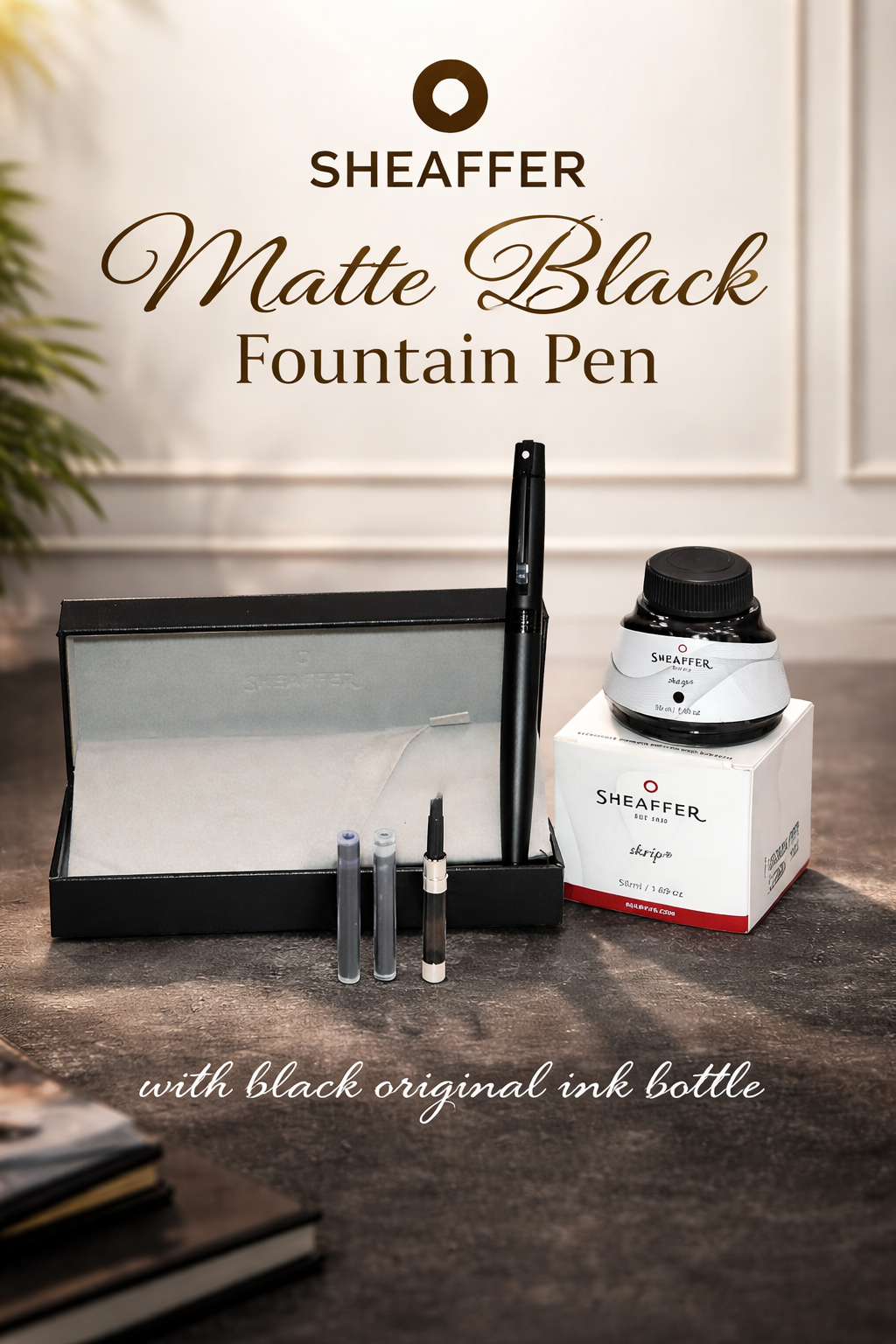 Sheaffer 300 Matte Black Fountain Pen With Ink Bottle